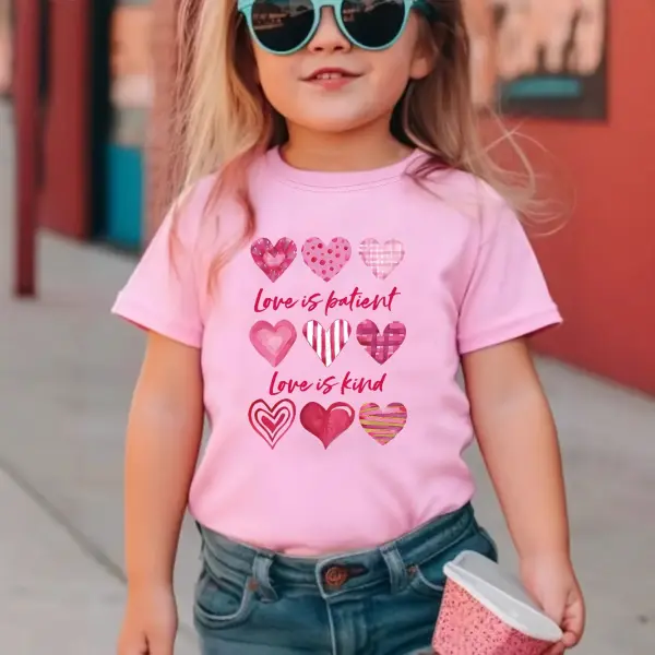 【1Y-8Y】Girls Cute Letter And Heart Shape Printed Pink Short Sleeve T-shirt - Popopieshop.com 