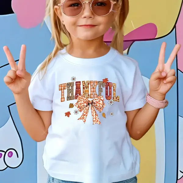 【1Y-8Y】Girls Cute Letter THANKFUL And Bow Print White Short Sleeve T-shirt - Popopieshop.com 