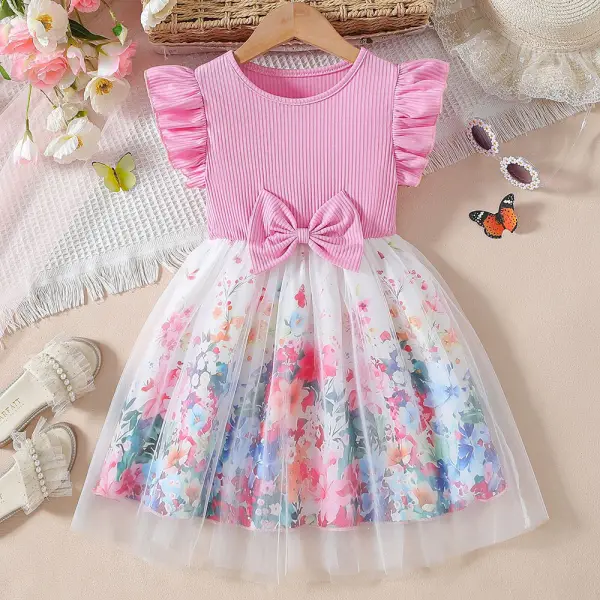 【1Y-8Y】Girls Pink Bow Floral Mesh Dress - Popopieshop.com 