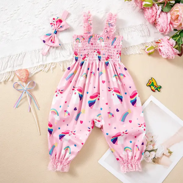 【3M-24M】2-piece Baby Girl Cartoon Printed Sling Romper With Hairband - Popopieshop.com 