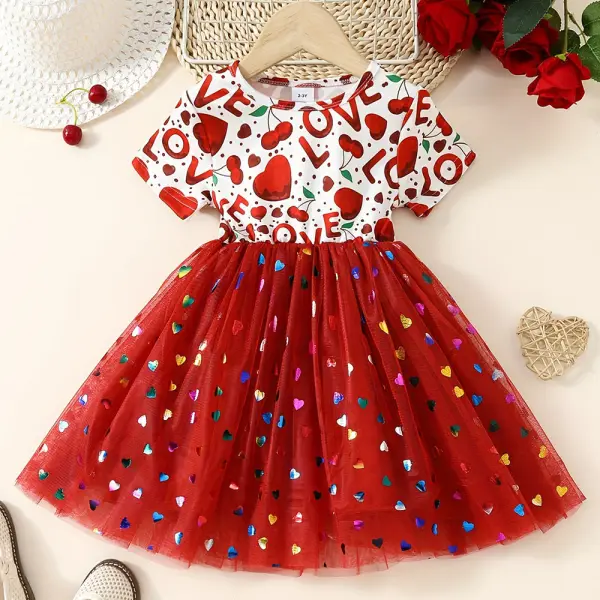 【2Y-8Y】Girls Cherry Heart Printed Short Sleeve Mesh Dress - Popopieshop.com 