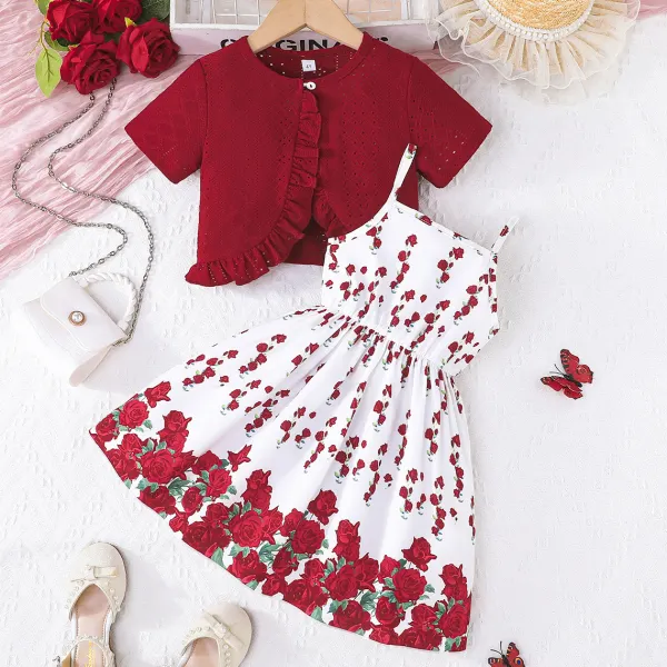 【2Y-7Y】2-piece Girls Sweet Fashion Floral Print Halter Dress And Burgundy Ruffle Cardigan Set - Popopieshop.com 