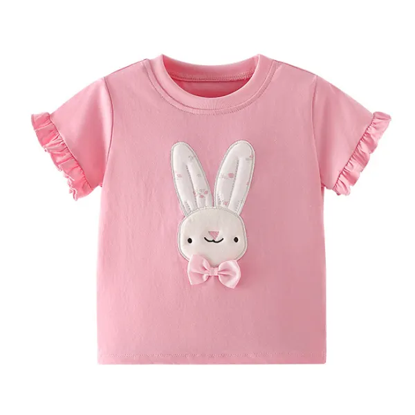 【2Y-8Y】Girls Cute Bow Bunny Embroidered Pink T-shirt Easter Outfit - Popopieshop.com 