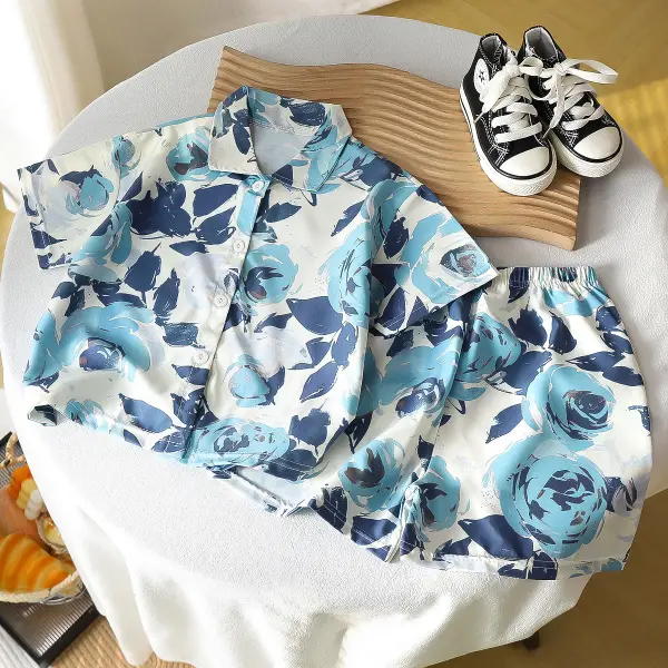 【12M-10Y】2-piece Boys Casual Fashion Floral And Botanical Print Shirt And Shorts Set - Popopieshop.com 