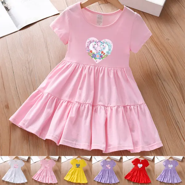 【6M-5Y】Girls Cute Heart Shape Printed Short Sleeve Dress - Popopieshop.com 