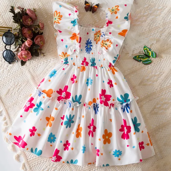 【2Y-7Y】Girls Sweet Colorful Flower Print Ruffle Sleeveless Dress - Popopieshop.com 