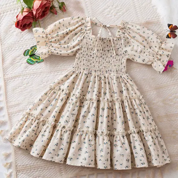 【2Y-8Y】Girls Sweet Floral Ruffle Square Neck Puff Sleeve Dress - Popopieshop.com 