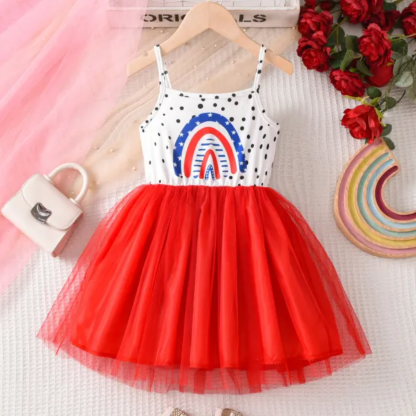 【3Y-8Y】Girls Sweet Polka Dot Rainbow Printed Splicing Layered Tulle Suspender Dress - Popopieshop.com 