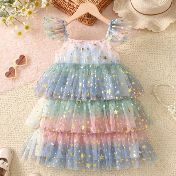 【3Y-8Y】Girls Sweet Star Print Rainbow Mesh Sleeveless Cake Princess Dress - Popopieshop.com 