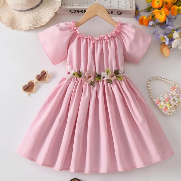 【3Y-8Y】Girls Sweet Pink Floral Embroidery Ruffle Dress - Popopieshop.com 