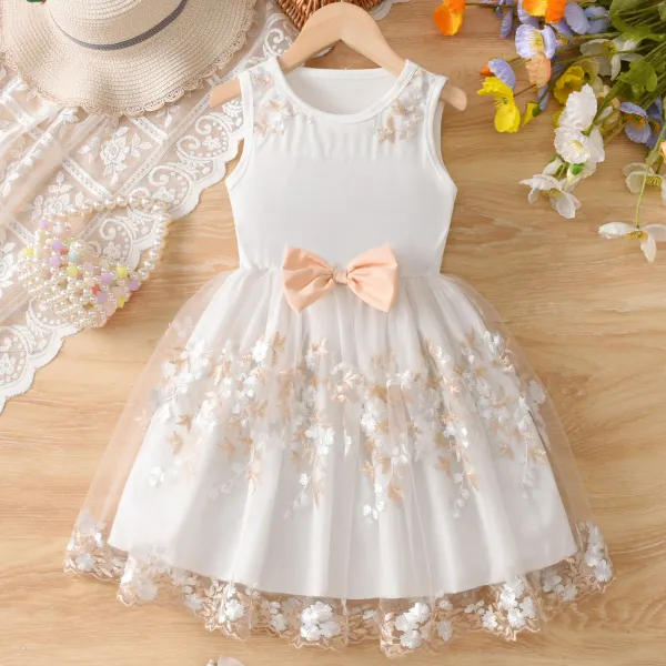 【3Y-8Y】Girls Sweet Floral Lace Embroidery Mesh Bowknot Sleeveless Dress - Popopieshop.com 