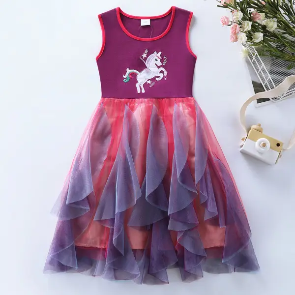 【3Y-8Y】Girls Unicorn Embroidered Ruffle Mesh Dress - Popopieshop.com 