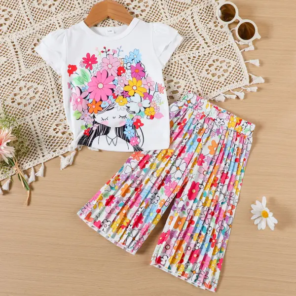 【3M-24M】2-piece Baby Girl Flower Cartoon Print Short Sleeve T-shirt And Pants Set - Popopieshop.com 