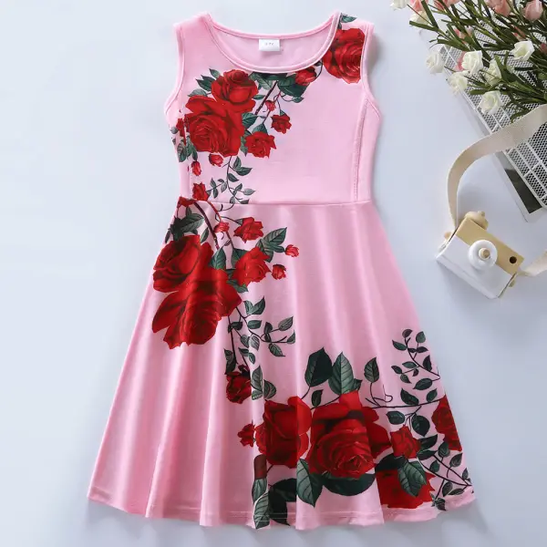 【3Y-8Y】Girls Floral And Heart Print Sleeveless Dress - Popopieshop.com 