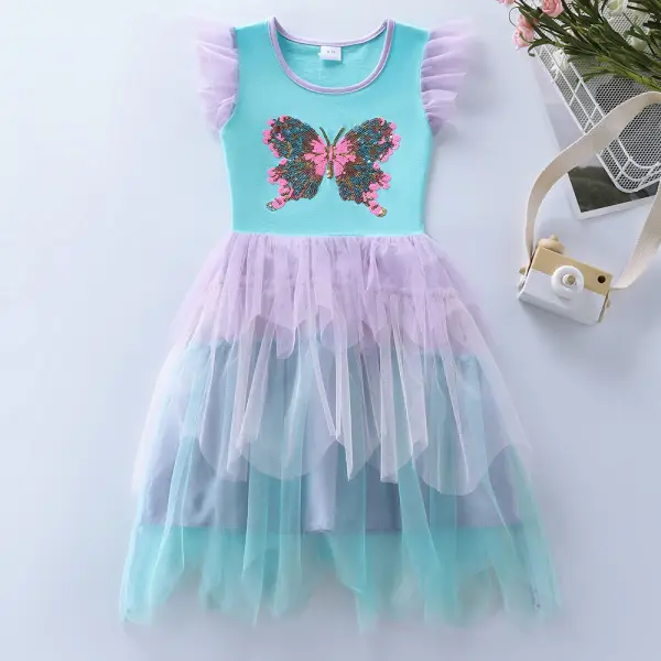 【3Y-8Y】Girls Blue Sequin Butterfly Embroidered Ruffle Mesh Dress - Popopieshop.com 