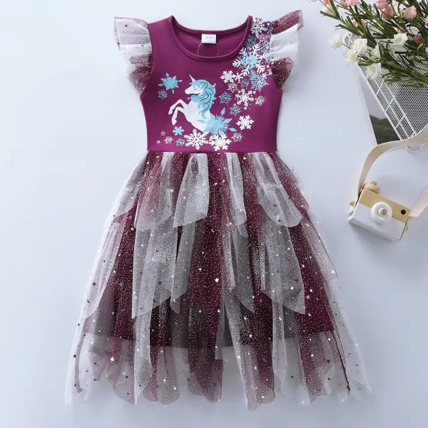 【3Y-8Y】Girls Unicorn Printed Star Ruffle Mesh Dress - Popopieshop.com 