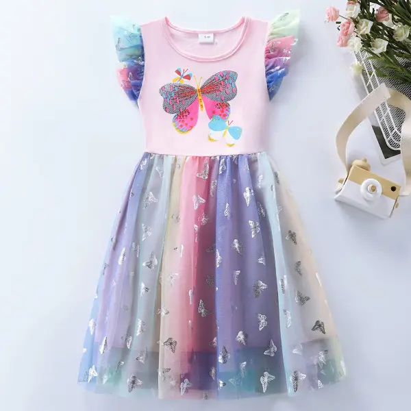 【3Y-8Y】Girls Pink Butterfly Print Gradient Mesh Dress - Popopieshop.com 
