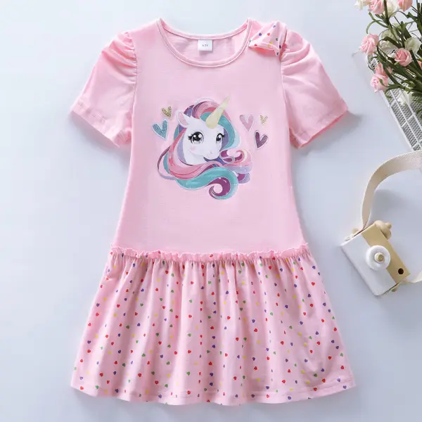 【3Y-8Y】Girls Unicorn Print Short Sleeve Dress - Popopieshop.com 