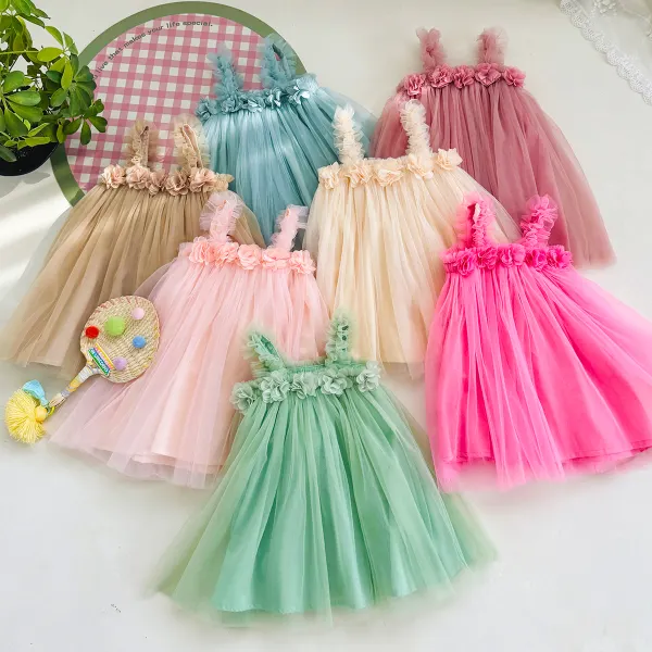 【12M-6Y】Girls Sweet Dimensional Floral Design Mesh Sling Summer Princess Party Dress - Popopieshop.com 