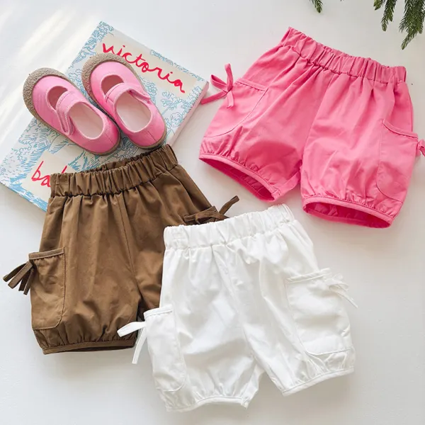 【18M-8Y】Girls Sweet Fashion Bow Pocket Solid Color Shorts - Popopieshop.com 