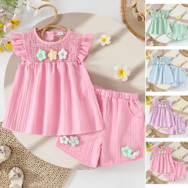【9M-4Y】2-piece Toddler Girl Floral Ruffle Top And Shorts Set - Popopieshop.com 