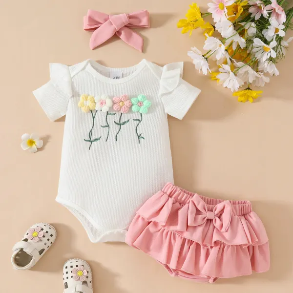 【0M-18M】3-piece Baby Girls Cute Floral Embroidered White Romper And Pink Shorts Set - Popopie.com 