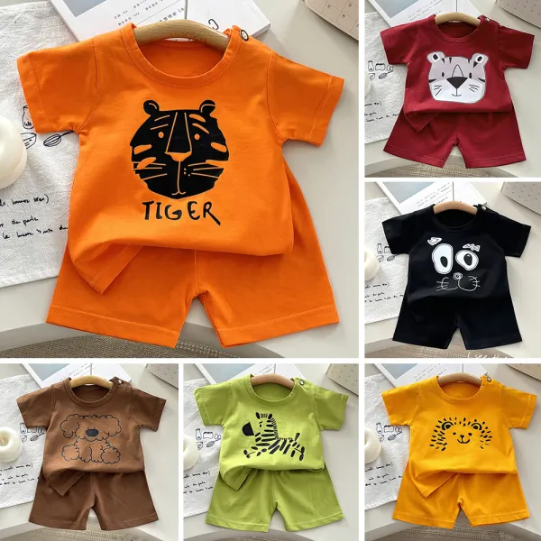 【12M-8Y】2-piece Boys Casual Cotton Cartoon Print Multicolor Short Sleeve T-shirt And Shorts Set - Popopieshop.com 