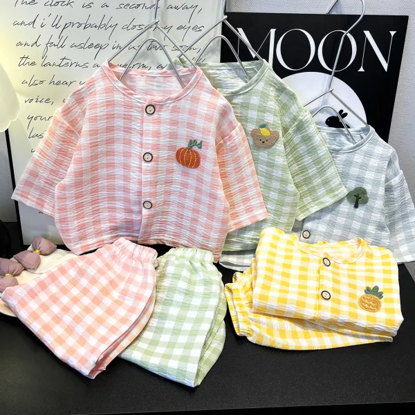 【12M-10Y】2-piece Unisex Plaid Round Neck Long Sleeve Pajamas Set - Popopieshop.com 