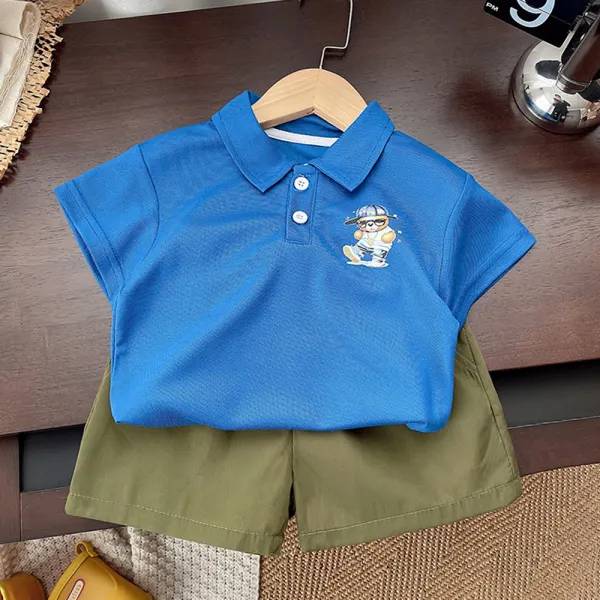 【12M-5Y】2-piece Boys Casual Cotton Bear Print Lapel Polo And Shorts Set - Popopieshop.com 