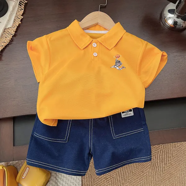 【12M-5Y】2-piece Boys Casual Cotton Astronaut Print Lapel Polo And Denim Shorts Set - Popopieshop.com 