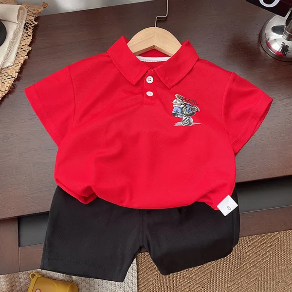 【12M-5Y】2-piece Boys Casual Red Cotton Motorcycle Print Lapel Polo And Shorts Set - Popopieshop.com 