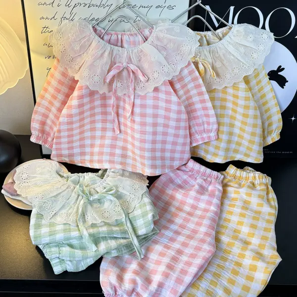 【12M-10Y】2-piece Girls Cute Plaid Doll Collar Long Sleeve Pajamas Set - Popopieshop.com 
