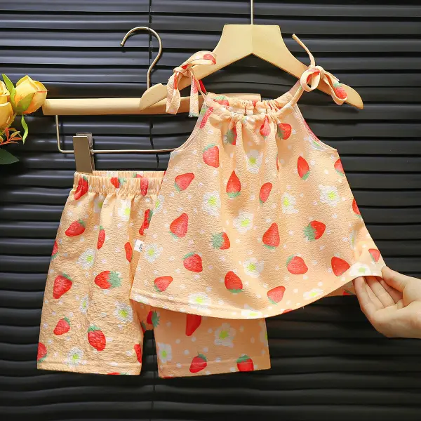 【12M-6Y】2-piece Girls Cute Fruit And Floral Print Hanging Neck Top And Shorts Set - Popopieshop.com 
