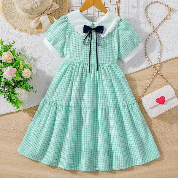 【3Y-12Y】Girls Vintage Elegant Green Plaid Lapel Bubble Sleeve Dress - Popopieshop.com 