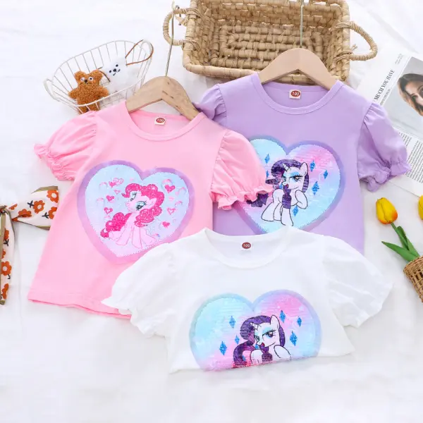【2Y-8Y】Girls Cute Unicorn Sequin Pattern Embroidered Bubble Sleeve T-shirt - Popopieshop.com 