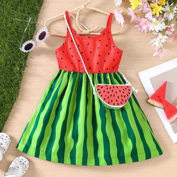 【18M-6Y】2-piece Girls Cute Watermelon Print Sleeveless Dress And Bag Set - Popopieshop.com 