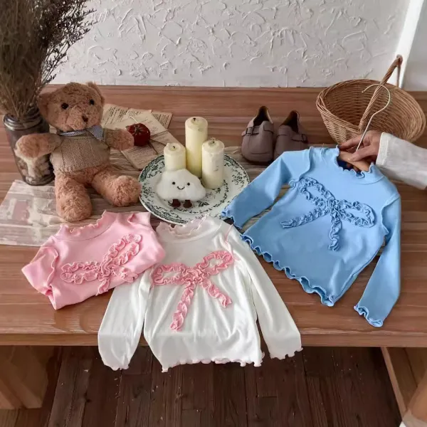 【18M-8Y】Girls Sweet And Stylish Bow Embroidered Ruffled T-shirt - Popopieshop.com 