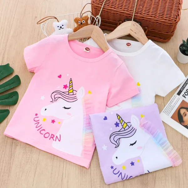 【2Y-8Y】Girls Cute Unicorn Print Short Sleeve T-shirt - Popopieshop.com 
