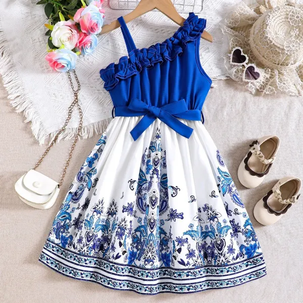 【7Y-12Y】Girls Fashion Vintage Blue Floral Print Ruffle One Shoulder Dress - Popopieshop.com 