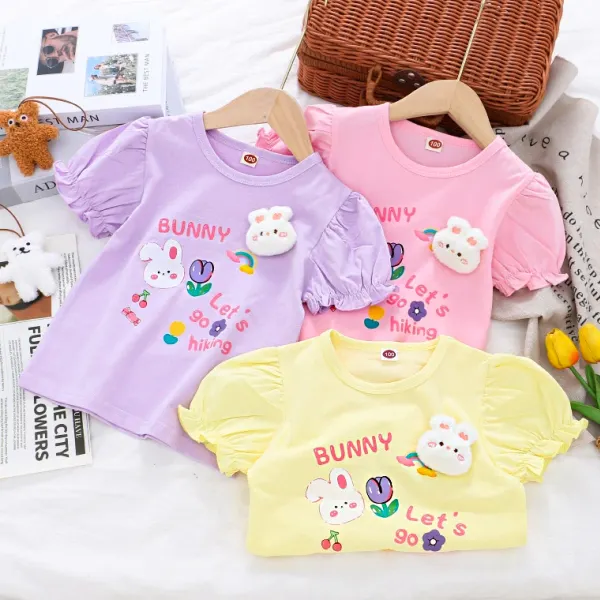 【2Y-8Y】Girls Cute Bunny And Letter And Flower Print Short Sleeve T-shirt Easter Outfit - Popopieshop.com 