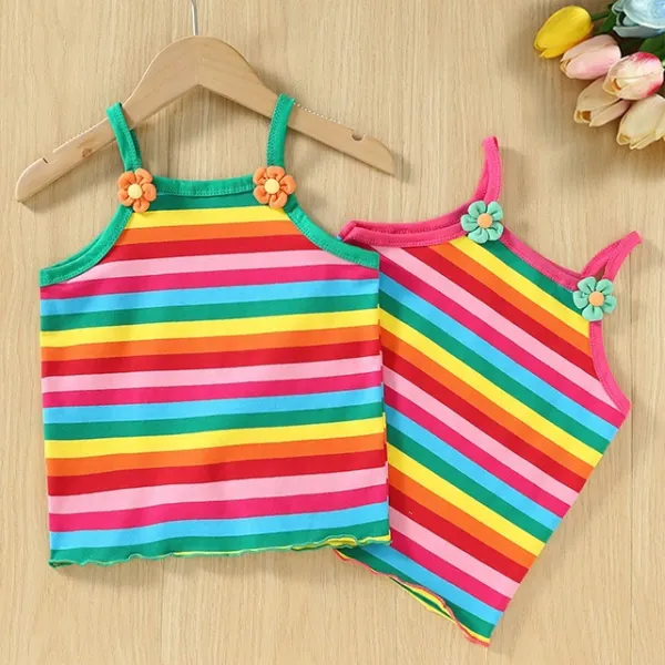 【6M-3Y】Girls Cute Floral Design Rainbow Color Striped Camisole Top - Popopie.com 