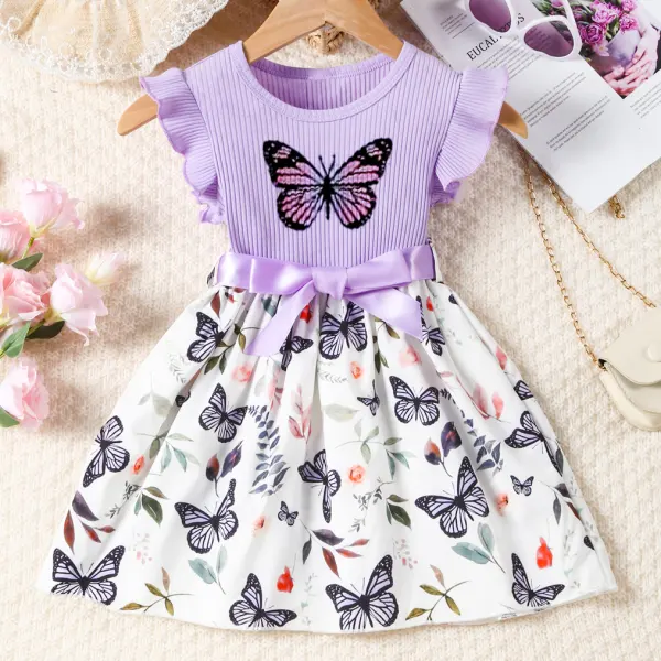 【2Y-7Y】Girls Sweetheart Butterfly Print Ruffle Sleeve Dress - Popopieshop.com 