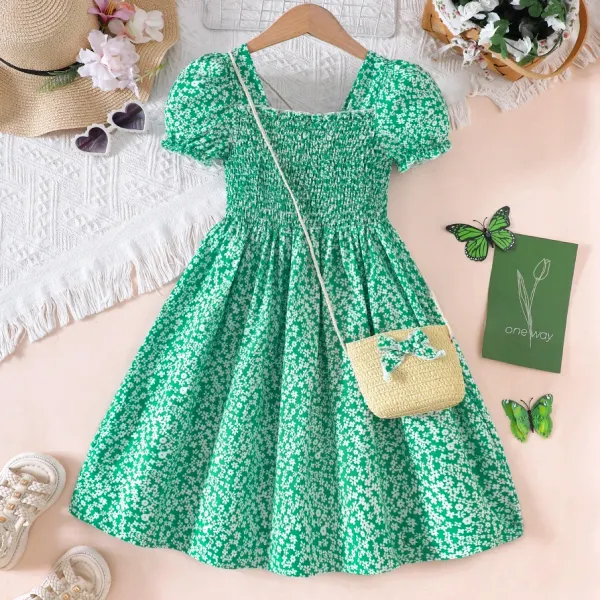 【7Y-12Y】2-piece Girls Cute Floral Print Green Bubble Sleeve Dress And Bow Bag Set - Popopieshop.com 
