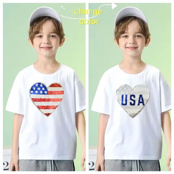 【2Y-10Y】Kids Fashion Sequined Flag USA Embroidered Short Sleeve T-shirt Independence Day Outfit - Popopie.com 