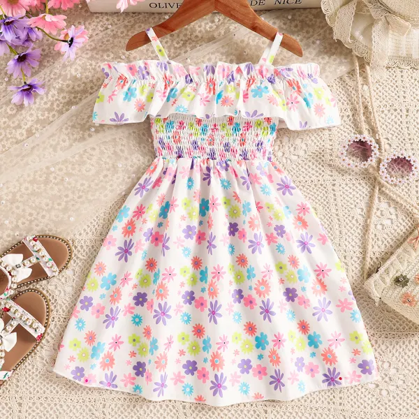 【3Y-7Y】Girls Sweet Fashion Floral Printed Off The Shoulder Sling Dress - Popopieshop.com 