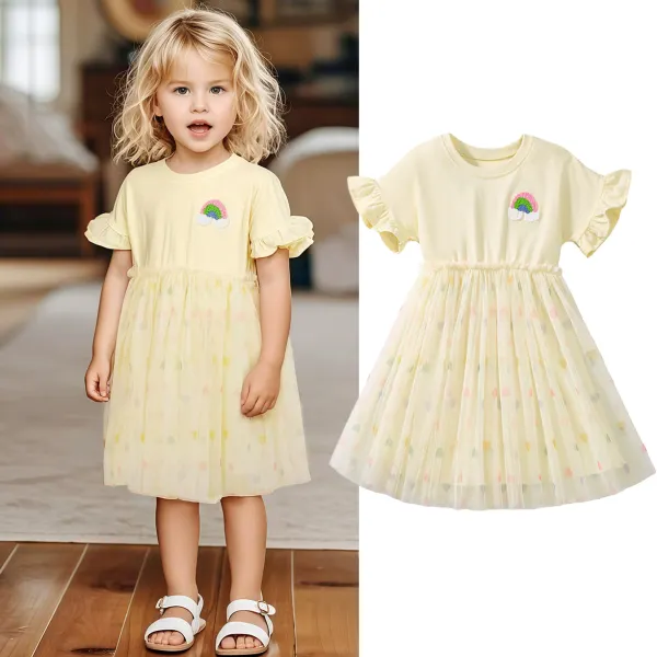 【18M-7Y】Girls Sweet Rainbow Embroidery Splicing Multi-layer Mesh Ruffle Short Sleeve Dress - Popopieshop.com 