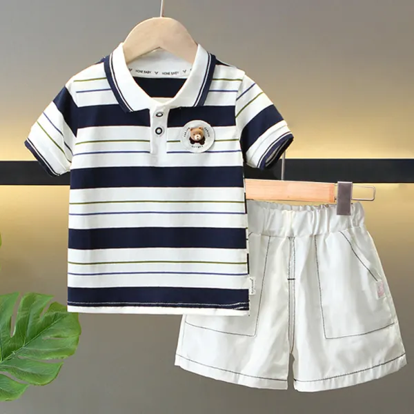 【12M-5Y】2-piece Boys Casual Striped Print Short Sleeve Polo And Shorts Set - Popopieshop.com 