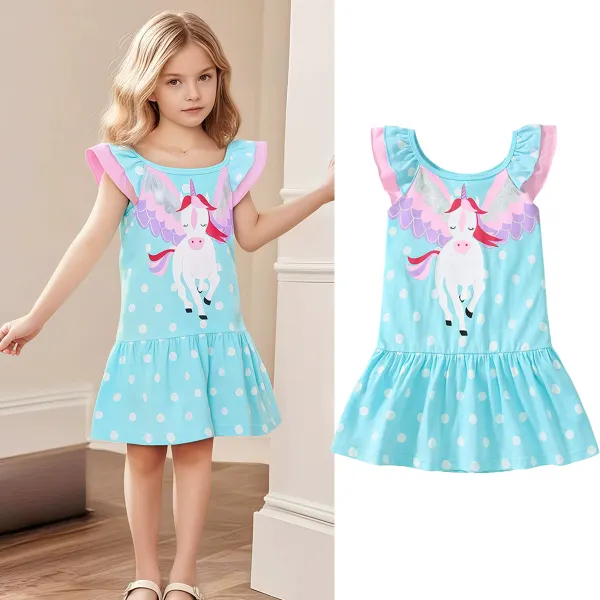 【18M-7Y】Girls Cute Blue Polka Dot Unicorn Print Ruffle Sleeveless Dress - Popopieshop.com 