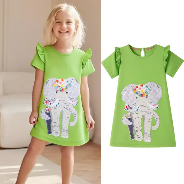 【18M-7Y】Girls Cute Green Elephant Embroidery Ruffle Short Sleeve Dress - Popopieshop.com 