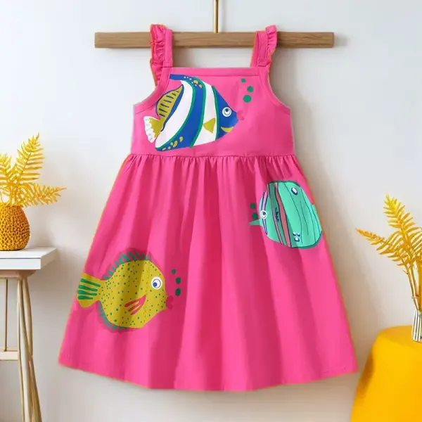 【18M-7Y】Girls Cute Rose Red Fish Print Sleeveless Dress - Popopieshop.com 